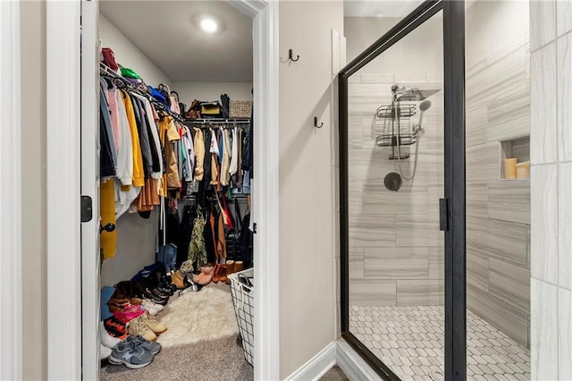 bathroom featuring a spacious closet and a stall shower