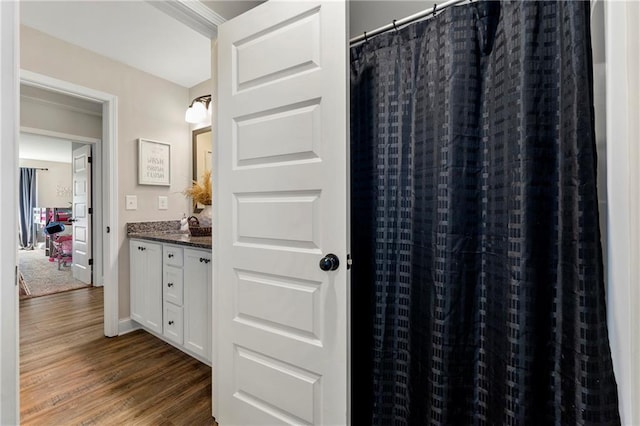 bathroom with a shower with shower curtain, wood finished floors, and vanity