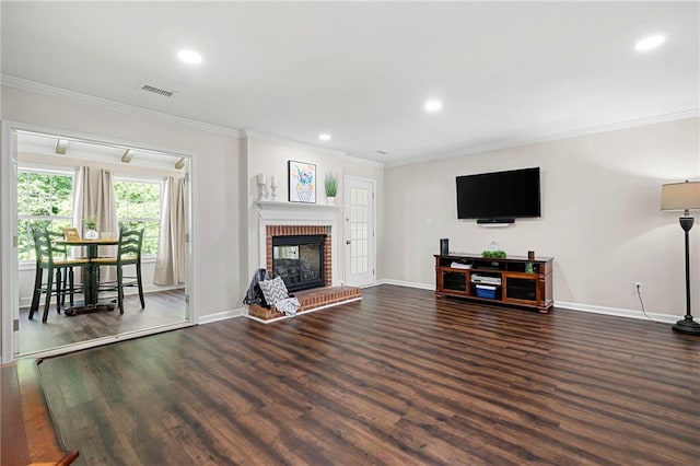 1223 Whitlock Ridge Dr SW, Marietta, GA 30064 - living room with ornamental molding, dark wood finished floors, baseboards, a fireplace, and recessed lighting