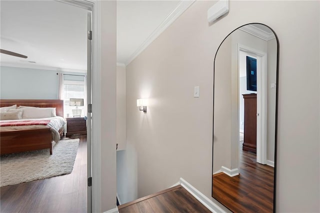 1223 Whitlock Ridge Dr SW, Marietta, GA 30064 - hall featuring crown molding, dark wood-type flooring, baseboards, and an upstairs landing