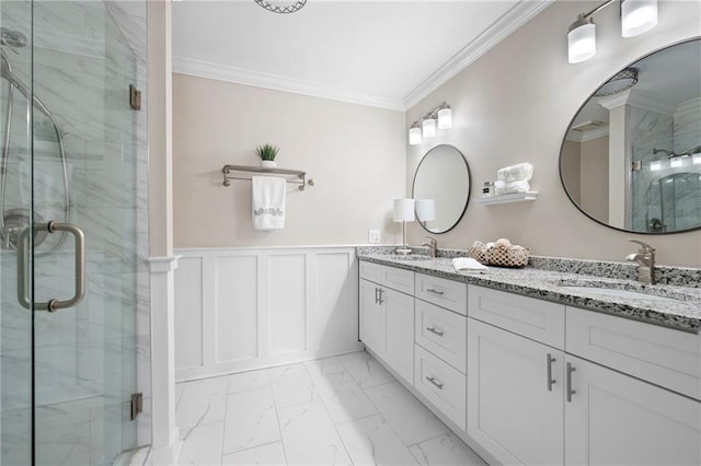 1223 Whitlock Ridge Dr SW, Marietta, GA 30064 - full bath with marble finish floors, double vanity, ornamental molding, a shower stall, and a decorative wall