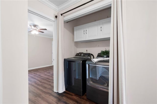 1223 Whitlock Ridge Dr SW, Marietta, GA 30064 - laundry room with separate washer and dryer, ornamental molding, dark wood finished floors, a ceiling fan, and cabinet space