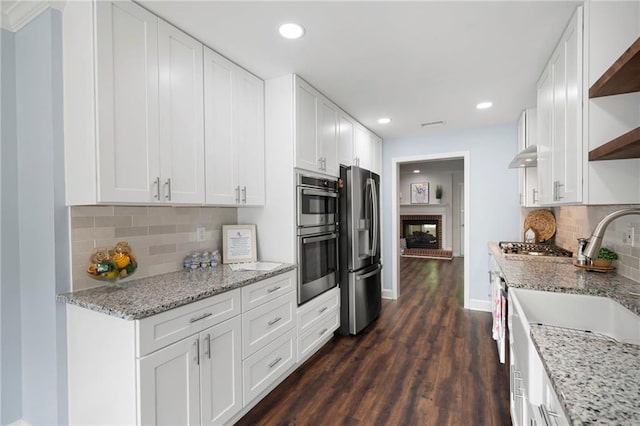 1223 Whitlock Ridge Dr SW, Marietta, GA 30064 - kitchen with stainless steel appliances, open shelves, a sink, backsplash, and dark wood-style flooring