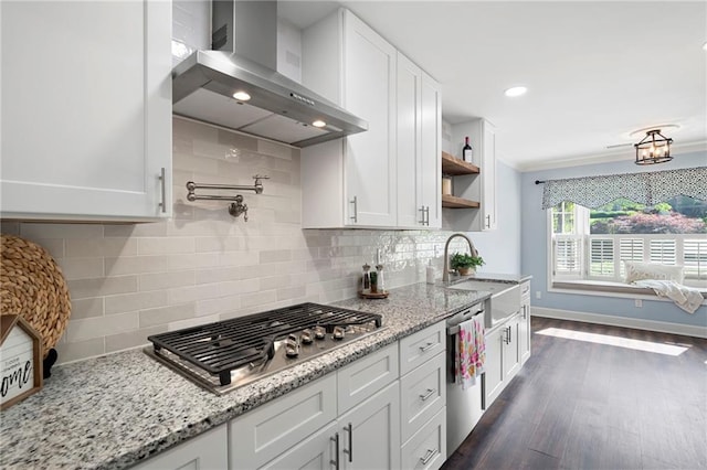 1223 Whitlock Ridge Dr SW, Marietta, GA 30064 - kitchen featuring wall chimney exhaust hood, appliances with stainless steel finishes, a sink, white cabinetry, and recessed lighting