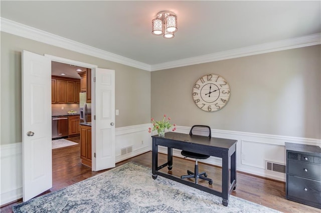 4246 Stilson Cir, Peachtree Corners, GA 30092 - office space featuring ornamental molding, dark wood-style floors, wainscoting, and a chandelier