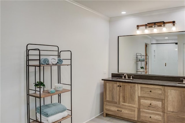 4246 Stilson Cir, Peachtree Corners, GA 30092 - full bathroom featuring double vanity, crown molding, baseboards, tile patterned floors, and a shower