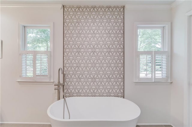 4246 Stilson Cir, Peachtree Corners, GA 30092 - bathroom with a freestanding tub, plenty of natural light, and ornamental molding