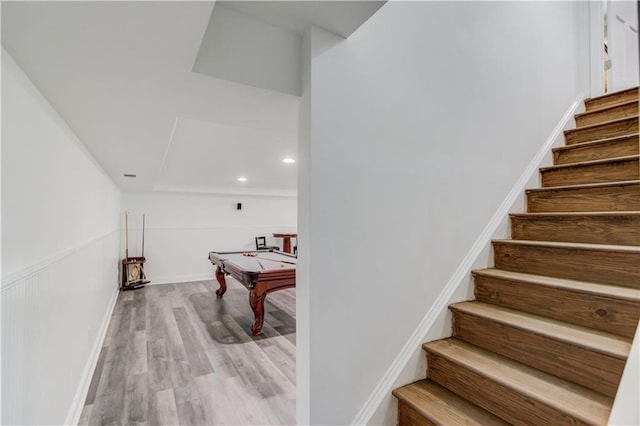 4246 Stilson Cir, Peachtree Corners, GA 30092 - stairs with wood finished floors, billiards, and recessed lighting