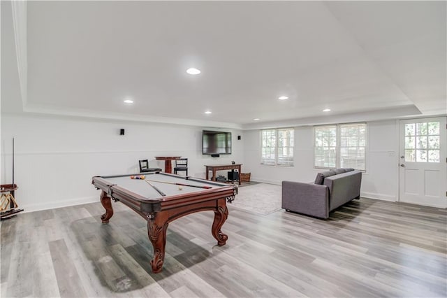 4246 Stilson Cir, Peachtree Corners, GA 30092 - playroom featuring pool table, light wood-style floors, wainscoting, a tray ceiling, and recessed lighting