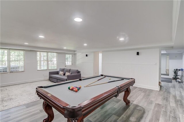 4246 Stilson Cir, Peachtree Corners, GA 30092 - rec room with billiards table, light wood-style flooring, wainscoting, recessed lighting, and baseboards