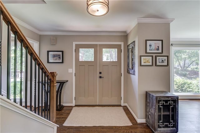 4246 Stilson Cir, Peachtree Corners, GA 30092 - entryway featuring dark wood-style flooring, stairway, baseboards, and crown molding