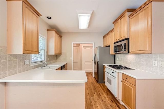 kitchen with appliances with stainless steel finishes, kitchen peninsula, sink, and light brown cabinets