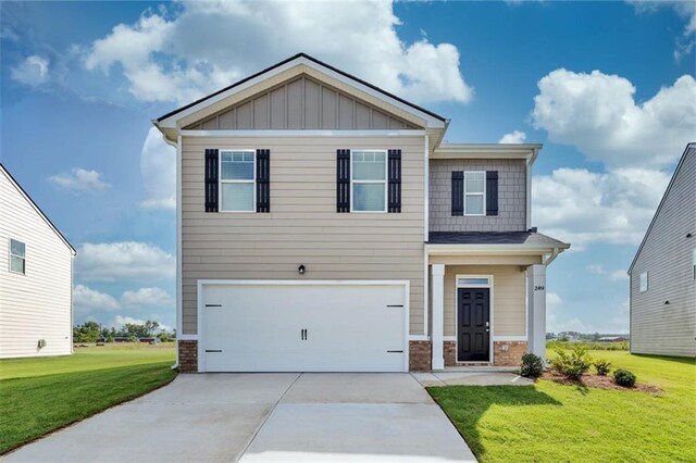 12000 Conrad, Hampton, GA 30228 - craftsman-style home featuring an attached garage, brick siding, a front lawn, driveway, and board and batten siding