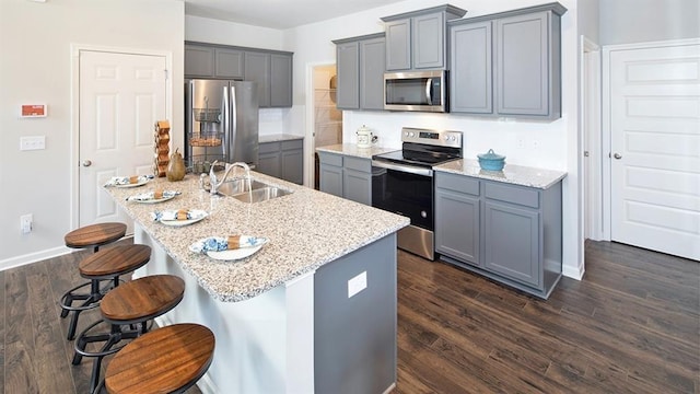 12000 Conrad, Hampton, GA 30228 - kitchen with stainless steel appliances, a sink, gray cabinets, and dark wood-style floors