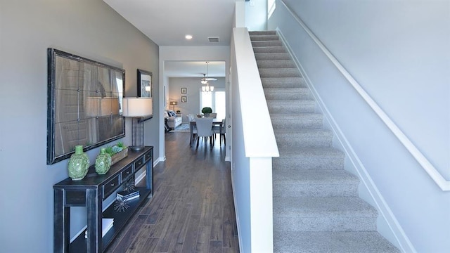 staircase featuring dark hardwood / wood-style floors