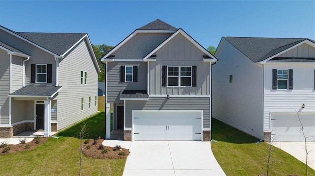 12000 Conrad, Hampton, GA 30228 - view of front facade with board and batten siding, a garage, driveway, and a front lawn