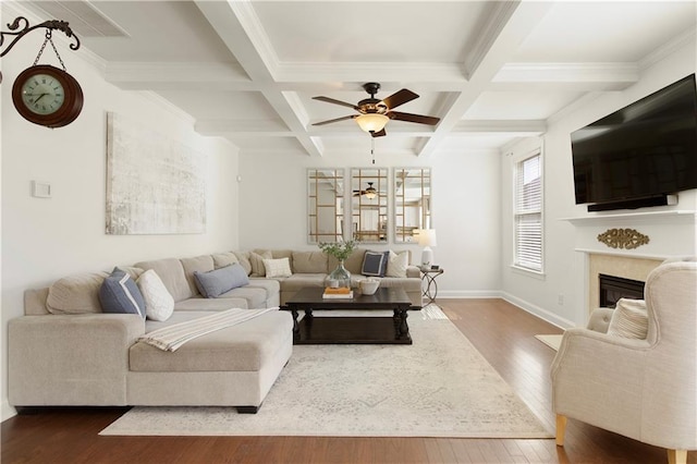 living room with a high end fireplace, dark wood-type flooring, baseboards, beamed ceiling, and coffered ceiling