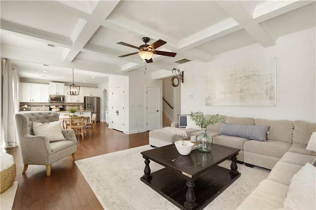 living room with baseboards, coffered ceiling, beam ceiling, stairs, and dark wood-type flooring