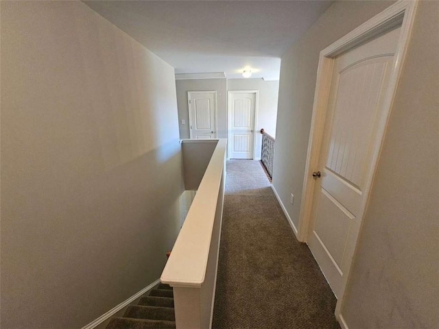 1021 Rock Elm Dr, Auburn, GA 30011 - hall with an upstairs landing, dark colored carpet, and baseboards