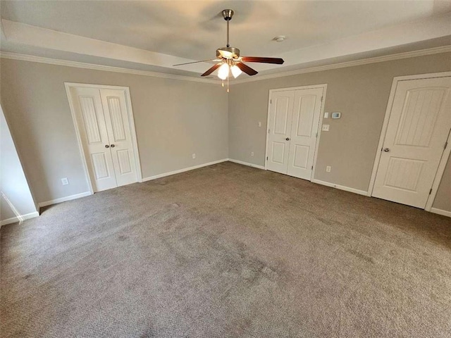 1021 Rock Elm Dr, Auburn, GA 30011 - spare room with carpet floors, a ceiling fan, baseboards, ornamental molding, and a tray ceiling
