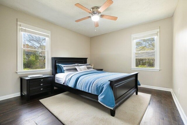 bedroom featuring baseboards, multiple windows, and dark wood finished floors