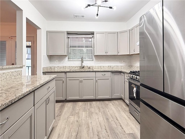 kitchen with gray cabinetry, a sink, stainless steel appliances, and visible vents
