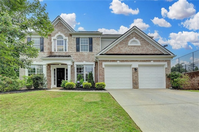 450 Hilingdon Way, Suwanee, GA 30024 - view of front of property with driveway, brick siding, a front yard, and an attached garage
