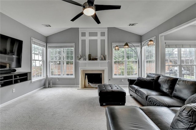 450 Hilingdon Way, Suwanee, GA 30024 - carpeted living area featuring vaulted ceiling, a ceiling fan, baseboards, and a premium fireplace