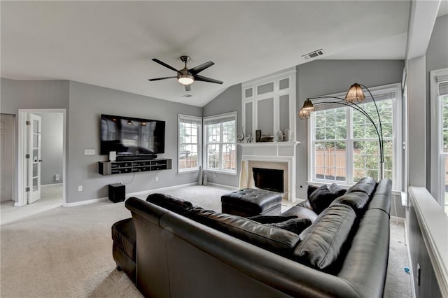 450 Hilingdon Way, Suwanee, GA 30024 - carpeted living area featuring vaulted ceiling, a ceiling fan, baseboards, and a fireplace