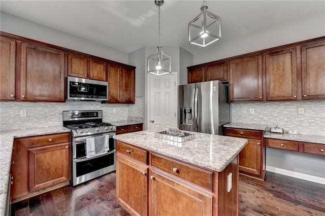 450 Hilingdon Way, Suwanee, GA 30024 - kitchen with stainless steel appliances, dark wood-type flooring, a kitchen island, and hanging light fixtures