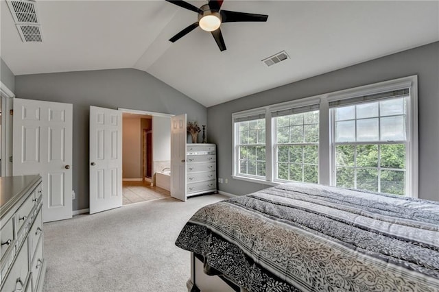 450 Hilingdon Way, Suwanee, GA 30024 - bedroom featuring vaulted ceiling, light carpet, baseboards, ensuite bathroom, and a ceiling fan