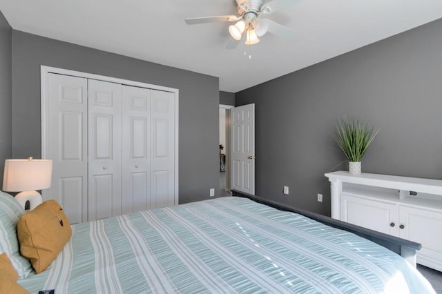 bedroom featuring ceiling fan and a closet