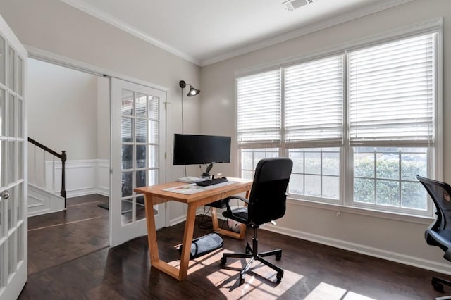 home office featuring french doors, ornamental molding, and dark hardwood / wood-style flooring