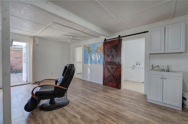 interior space featuring wood finished floors, a ceiling fan, a barn door, and a sink