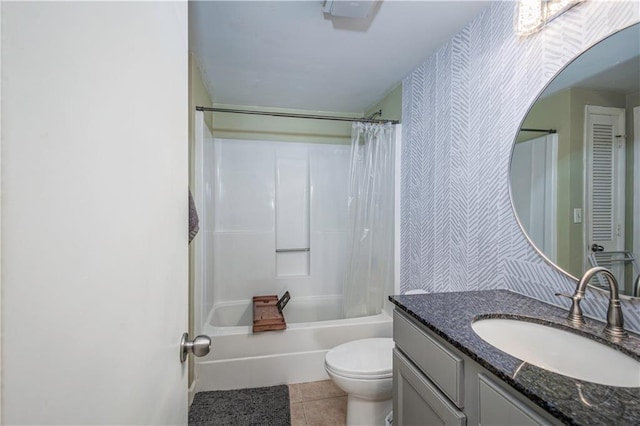 full bathroom with toilet, shower / bath combination with curtain, tile patterned floors, and vanity