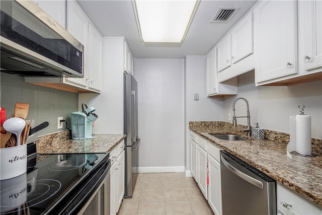 kitchen featuring sink, stone countertops, stainless steel appliances, and white cabinetry