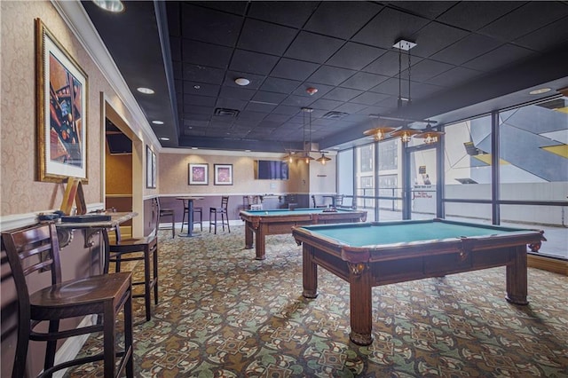 rec room featuring carpet floors, a drop ceiling, pool table, and crown molding