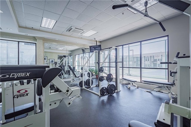 workout area with a wealth of natural light and a paneled ceiling