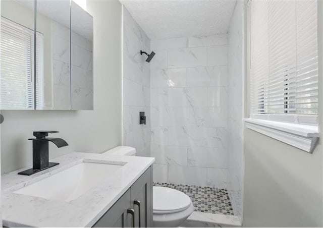 full bath with a stall shower, a wealth of natural light, vanity, and toilet