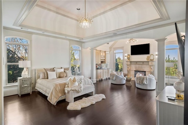 bedroom with a raised ceiling and multiple windows