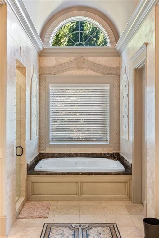 bathroom with tile patterned floors, separate shower and tub, a healthy amount of sunlight, and crown molding