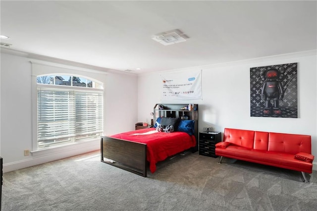 carpeted bedroom featuring ornamental molding