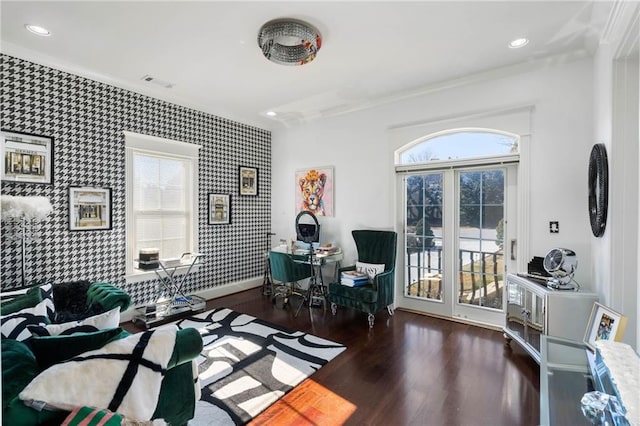 bedroom with access to outside, dark hardwood / wood-style flooring, and ornamental molding