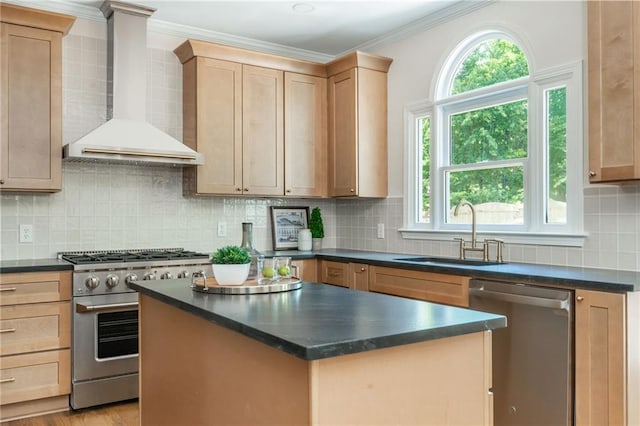1096 Bridge Mill Ave, Canton, GA 30114 - kitchen with appliances with stainless steel finishes, a sink, wall chimney exhaust hood, dark countertops, and crown molding