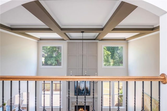 1096 Bridge Mill Ave, Canton, GA 30114 - hallway featuring coffered ceiling, ornamental molding, plenty of natural light, beamed ceiling, and arched walkways
