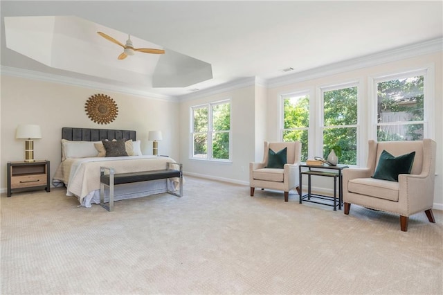 1096 Bridge Mill Ave, Canton, GA 30114 - bedroom with baseboards, light colored carpet, ornamental molding, a raised ceiling, and a ceiling fan