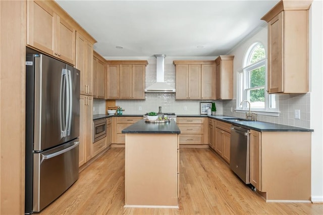 1096 Bridge Mill Ave, Canton, GA 30114 - kitchen with appliances with stainless steel finishes, wall chimney range hood, a sink, light brown cabinets, and a center island