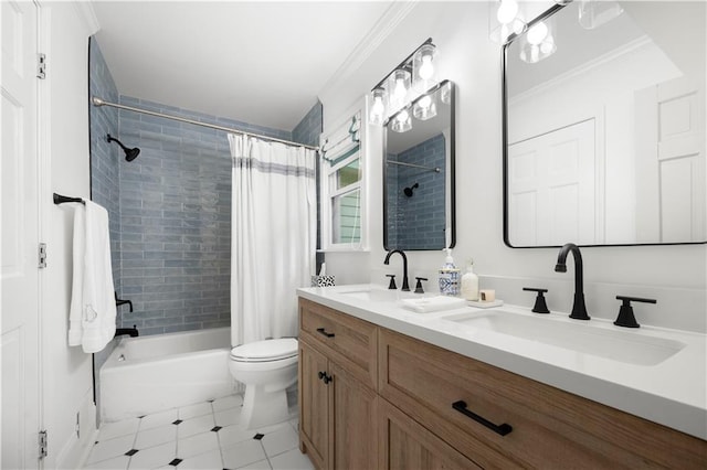 1104 Warrenhall Ln NE, Brookhaven, GA 30319 - full bathroom with shower / bath combo with shower curtain, double vanity, tile patterned flooring, and crown molding