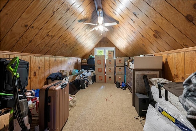1104 Warrenhall Ln NE, Brookhaven, GA 30319 - home office featuring wood walls, carpet flooring, ceiling fan, and lofted ceiling