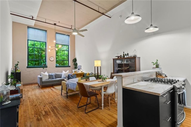 19 Hilliard St SE Unit 13, Atlanta, GA 30312 - kitchen featuring stainless steel gas range oven, dark cabinets, light wood-style floors, ceiling fan, and decorative light fixtures